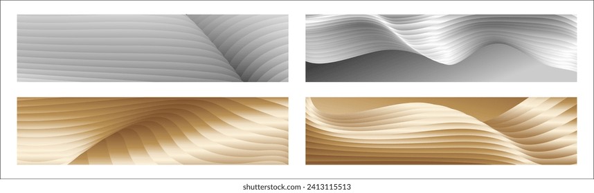 Wavy silver and gold parallel gradient lines, ribbons, silk. Set of 4 backgrounds. Black and white with shades of gray or golden silk. Banner, poster. eps vector