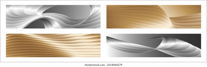 Wavy silver and gold parallel gradient lines, ribbons, silk. Set of 4 backgrounds. Black and white with shades of gray or golden silk. Banner, poster. eps vector