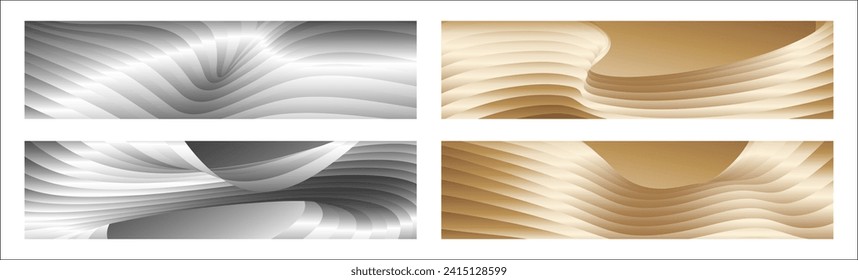 Wavy silver and gold parallel gradient lines, ribbons, silk. Set of 4 backgrounds. Black and white with shades of gray or golden silk. Banner, poster. eps vector