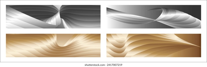 Wavy silver and gold parallel gradient lines, ribbons, silk. Set of 4 backgrounds. Black and white with shades of gray or golden silk. Banner, poster. eps vector