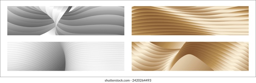 Wavy silver and gold parallel gradient lines, ribbons, silk. Set of 4 backgrounds. Black and white with shades of gray or golden silk. Banner, poster. eps vector