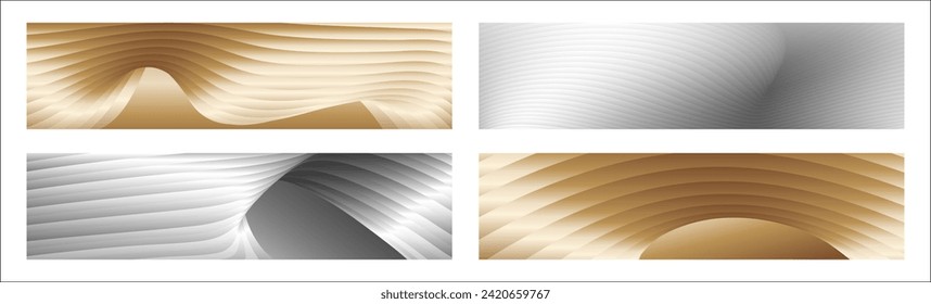 Breiter paralleler Farbverlauf-Linien zwischen Silber und Gold, Bänder, Seide. Satz von 4 Hintergründen. Schwarz-Weiß mit grauen oder goldenen Seidentönen. Banner, Poster. EPS-Vektor