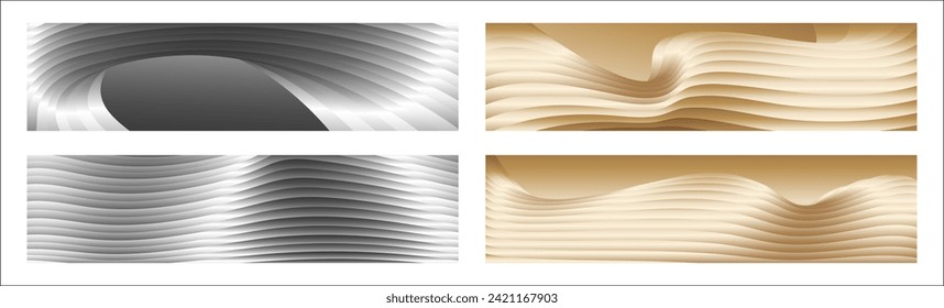 Wavy silver and gold parallel gradient lines, ribbons, silk. Set of 4 backgrounds. Black and white with shades of gray or golden silk. Banner, poster. eps vector