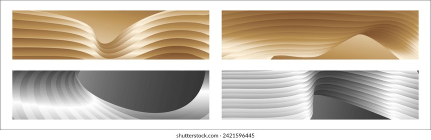 Wavy silver and gold parallel gradient lines, ribbons, silk. Set of 4 backgrounds. Black and white with shades of gray or golden silk. Banner, poster. eps vector