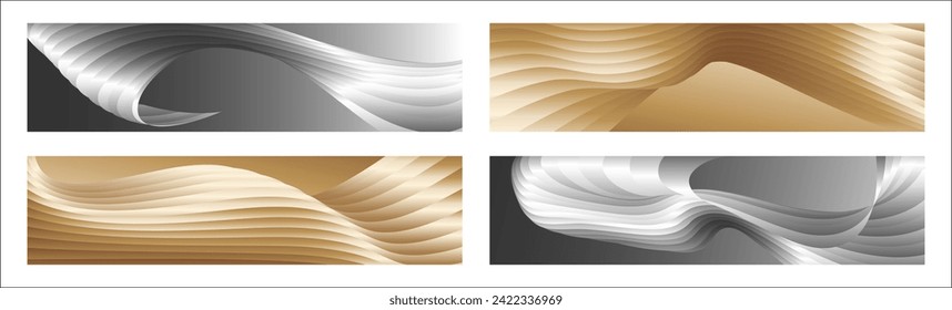 Wavy silver and gold parallel gradient lines, ribbons, silk. Set of 4 backgrounds. Black and white with shades of gray or golden silk. Banner, poster. eps vector