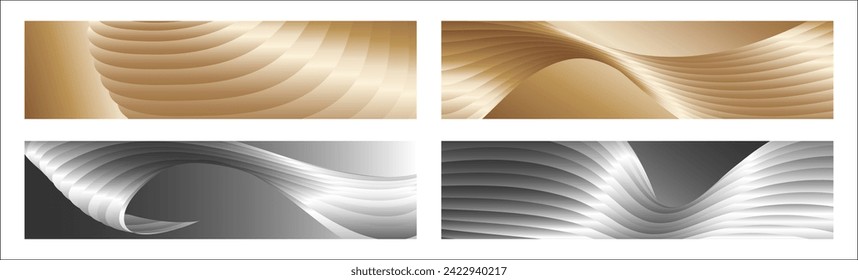 Wavy silver and gold parallel gradient lines, ribbons, silk. Set of 4 backgrounds. Black and white with shades of gray or golden silk. Banner, poster. eps vector