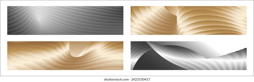 Wavy silver and gold parallel gradient lines, ribbons, silk. Set of 4 backgrounds. Black and white with shades of gray or golden silk. Banner, poster. eps vector