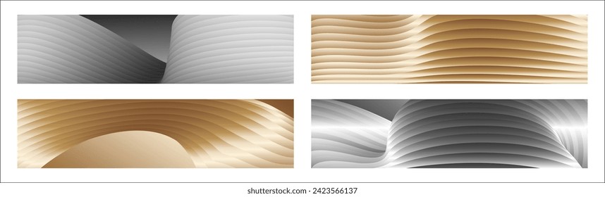 Wavy silver and gold parallel gradient lines, ribbons, silk. Set of 4 backgrounds. Black and white with shades of gray or golden silk. Banner, poster. eps vector