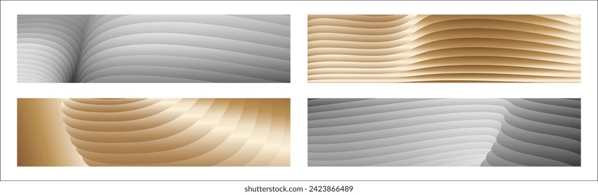 Wavy silver and gold parallel gradient lines, ribbons, silk. Set of 4 backgrounds. Black and white with shades of gray or golden silk. Banner, poster. eps vector