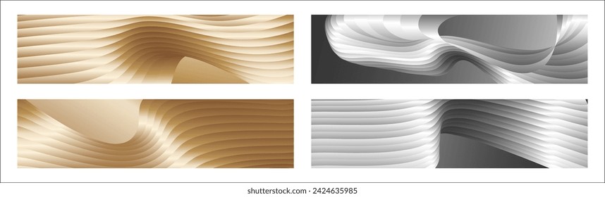 Wavy silver and gold parallel gradient lines, ribbons, silk. Set of 4 backgrounds. Black and white with shades of gray or golden silk. Banner, poster. eps vector