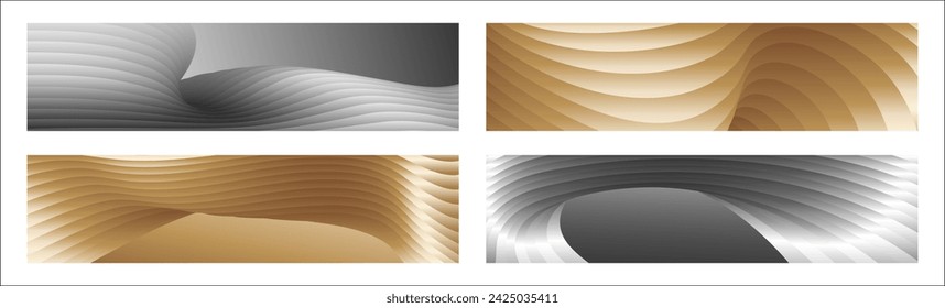 Wavy silver and gold parallel gradient lines, ribbons, silk. Set of 4 backgrounds. Black and white with shades of gray or golden silk. Banner, poster. eps vector