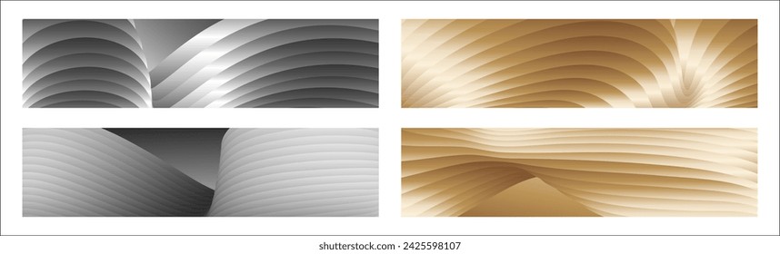 Wavy silver and gold parallel gradient lines, ribbons, silk. Set of 4 backgrounds. Black and white with shades of gray or golden silk. Banner, poster. eps vector