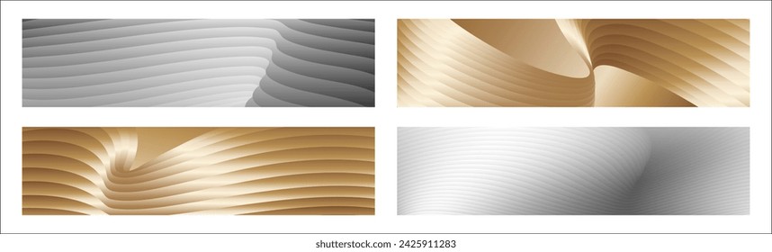 Wavy silver and gold parallel gradient lines, ribbons, silk. Set of 4 backgrounds. Black and white with shades of gray or golden silk. Banner, poster. eps vector