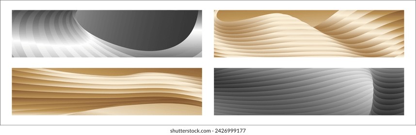 Wavy silver and gold parallel gradient lines, ribbons, silk. Set of 4 backgrounds. Black and white with shades of gray or golden silk. Banner, poster. eps vector