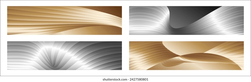 Wavy silver and gold parallel gradient lines, ribbons, silk. Set of 4 backgrounds. Black and white with shades of gray or golden silk. Banner, poster. eps vector