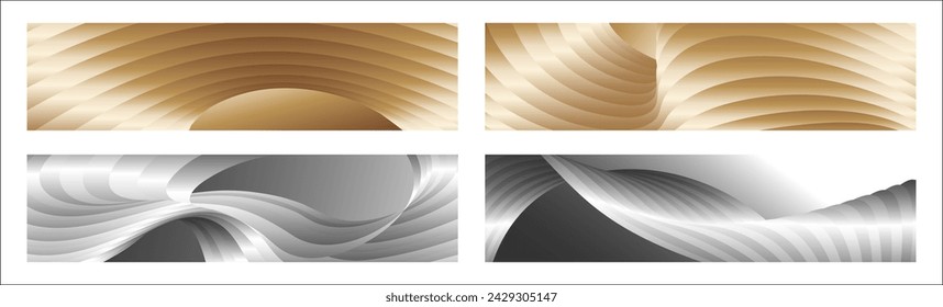 Wavy silver and gold parallel gradient lines, ribbons, silk. Set of 4 backgrounds. Black and white with shades of gray or golden silk. Banner, poster. eps vector