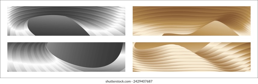 Wavy silver and gold parallel gradient lines, ribbons, silk. Set of 4 backgrounds. Black and white with shades of gray or golden silk. Banner, poster. eps vector