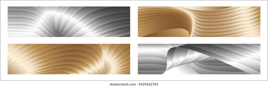 Wavy silver and gold parallel gradient lines, ribbons, silk. Set of 4 backgrounds. Black and white with shades of gray or golden silk. Banner, poster. eps vector