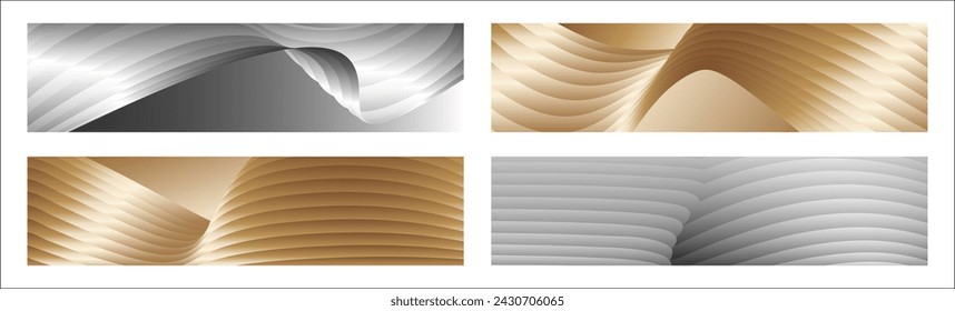 Wavy silver and gold parallel gradient lines, ribbons, silk. Set of 4 backgrounds. Black and white with shades of gray or golden silk. Banner, poster. eps vector