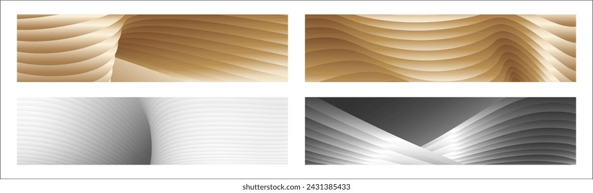 Wavy silver and gold parallel gradient lines, ribbons, silk. Set of 4 backgrounds. Black and white with shades of gray or golden silk. Banner, poster. eps vector