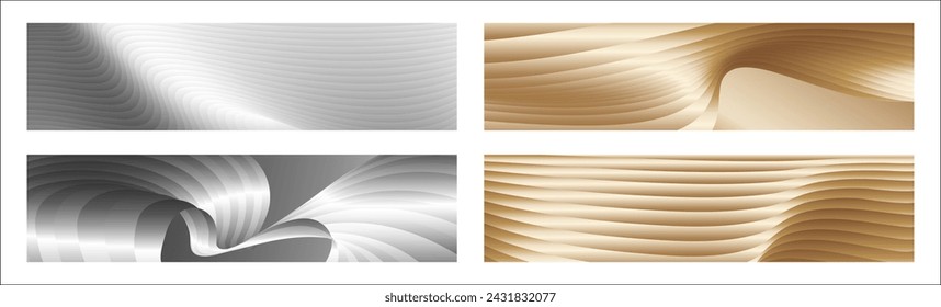 Wavy silver and gold parallel gradient lines, ribbons, silk. Set of 4 backgrounds. Black and white with shades of gray or golden silk. Banner, poster. eps vector