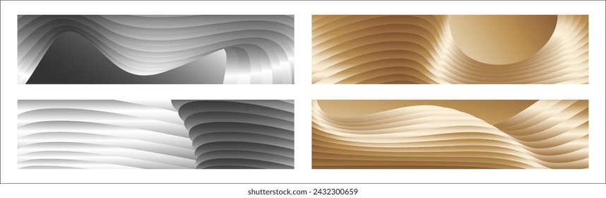 Wavy silver and gold parallel gradient lines, ribbons, silk. Set of 4 backgrounds. Black and white with shades of gray or golden silk. Banner, poster. eps vector