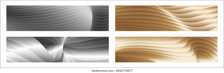 Wavy silver and gold parallel gradient lines, ribbons, silk. Set of 4 backgrounds. Black and white with shades of gray or golden silk. Banner, poster. eps vector