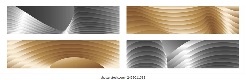 Wavy silver and gold parallel gradient lines, ribbons, silk. Set of 4 backgrounds. Black and white with shades of gray or golden silk. Banner, poster. eps vector