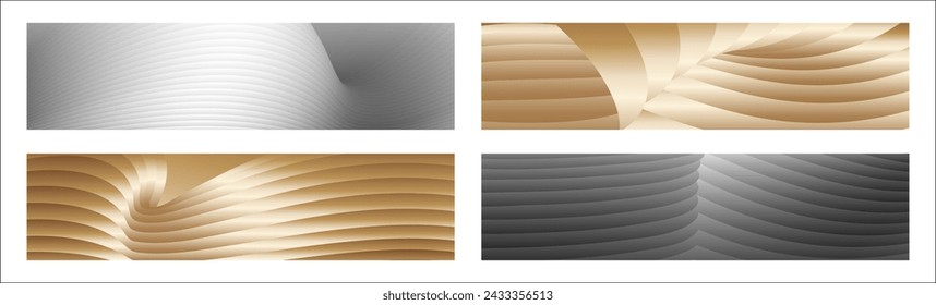 Wavy silver and gold parallel gradient lines, ribbons, silk. Set of 4 backgrounds. Black and white with shades of gray or golden silk. Banner, poster. eps vector