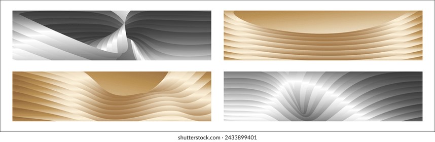 Wavy silver and gold parallel gradient lines, ribbons, silk. Set of 4 backgrounds. Black and white with shades of gray or golden silk. Banner, poster. eps vector	
