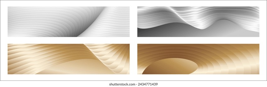 Wavy silver and gold parallel gradient lines, ribbons, silk. Set of 4 backgrounds. Black and white with shades of gray or golden silk. Banner, poster. eps vector