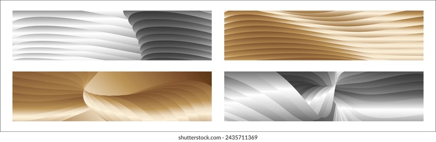 Wavy silver and gold parallel gradient lines, ribbons, silk. Set of 4 backgrounds. Black and white with shades of gray or golden silk. Banner, poster. eps vector