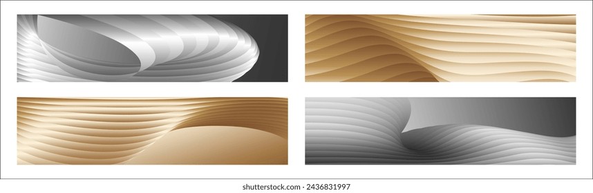 Wavy silver and gold parallel gradient lines, ribbons, silk. Set of 4 backgrounds. Black and white with shades of gray or golden silk. Banner, poster. eps vector