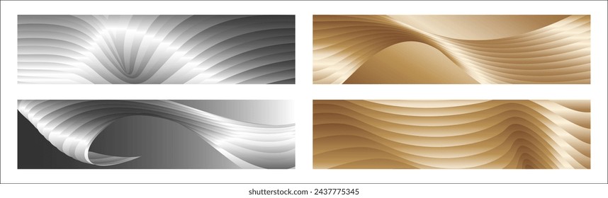 Wavy silver and gold parallel gradient lines, ribbons, silk. Set of 4 backgrounds. Black and white with shades of gray or golden silk. Banner, poster. eps vector