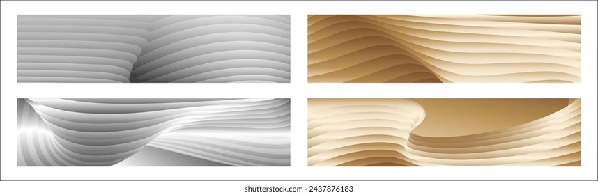 Wavy silver and gold parallel gradient lines, ribbons, silk. Set of 4 backgrounds. Black and white with shades of gray or golden silk. Banner, poster. eps vector