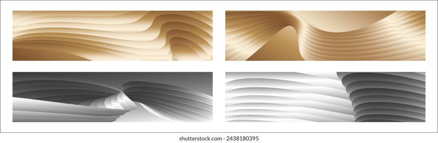 Wavy silver and gold parallel gradient lines, ribbons, silk. Set of 4 backgrounds. Black and white with shades of gray or golden silk. Banner, poster. eps vector