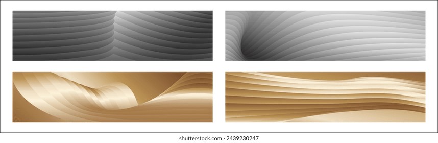 Wavy silver and gold parallel gradient lines, ribbons, silk. Set of 4 backgrounds. Black and white with shades of gray or golden silk. Banner, poster. eps vector