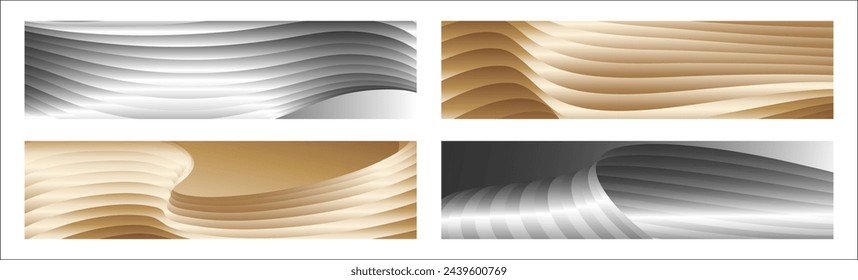 Wavy silver and gold parallel gradient lines, ribbons, silk. Set of 4 backgrounds. Black and white with shades of gray or golden silk. Banner, poster. eps vector