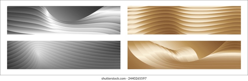 Wavy silver and gold parallel gradient lines, ribbons, silk. Set of 4 backgrounds. Black and white with shades of gray or golden silk. Banner, poster. eps vector