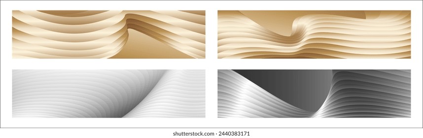 Wavy silver and gold parallel gradient lines, ribbons, silk. Set of 4 backgrounds. Black and white with shades of gray or golden silk. Banner, poster. eps vector