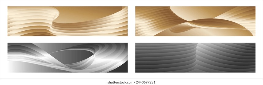 Wavy silver and gold parallel gradient lines, ribbons, silk. Set of 4 backgrounds. Black and white with shades of gray or golden silk. Banner, poster. eps vector