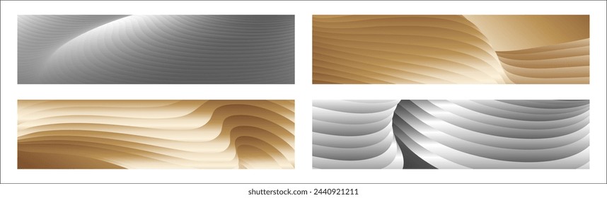 Wavy silver and gold parallel gradient lines, ribbons, silk. Set of 4 backgrounds. Black and white with shades of gray or golden silk. Banner, poster. eps vector