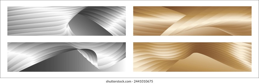 Wavy silver and gold parallel gradient lines, ribbons, silk. Set of 4 backgrounds. Black and white monochrome or golden silk background. Banner, poster. eps vector