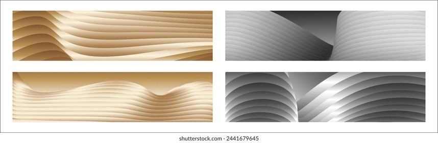 Wavy silver and gold parallel gradient lines, ribbons, silk. Set of 4 backgrounds. Black and white with shades of gray or golden silk. Banner, poster. eps vector