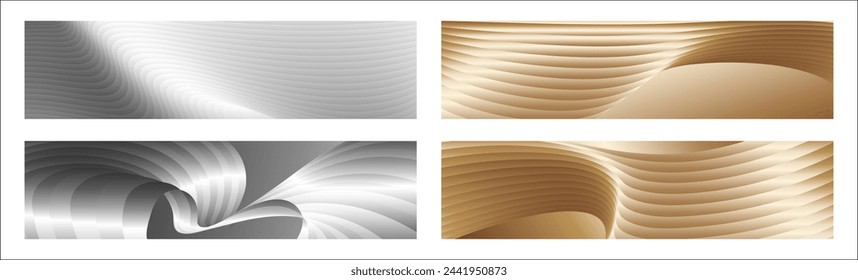 Wavy silver and gold parallel gradient lines, ribbons, silk. Set of 4 backgrounds. Black and white with shades of gray or golden silk. Banner, poster. eps vector