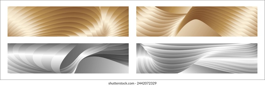 Wavy silver and gold parallel gradient lines, ribbons, silk. Set of 4 backgrounds. Black and white with shades of gray or golden silk. Banner, poster. eps vector