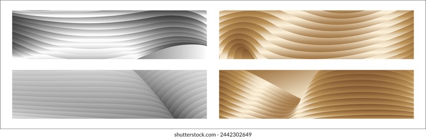 Wavy silver and gold parallel gradient lines, ribbons, silk. Set of 4 backgrounds. Black and white with shades of gray or golden silk. Banner, poster. eps vector