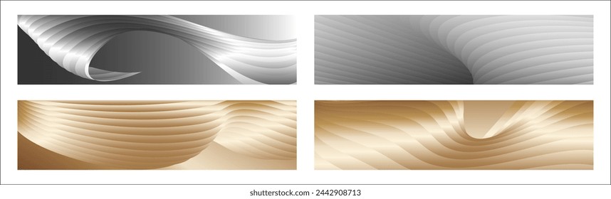 Wavy silver and gold parallel gradient lines, ribbons, silk. Set of 4 backgrounds. Black and white with shades of gray or golden silk. Banner, poster. eps vector