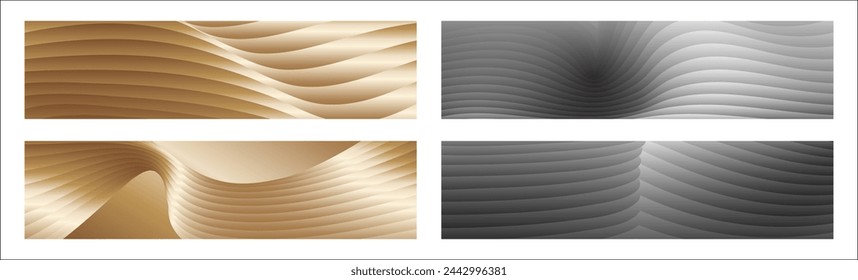 Wavy silver and gold parallel gradient lines, ribbons, silk. Set of 4 backgrounds. Black and white with shades of gray or golden silk. Banner, poster. eps vector