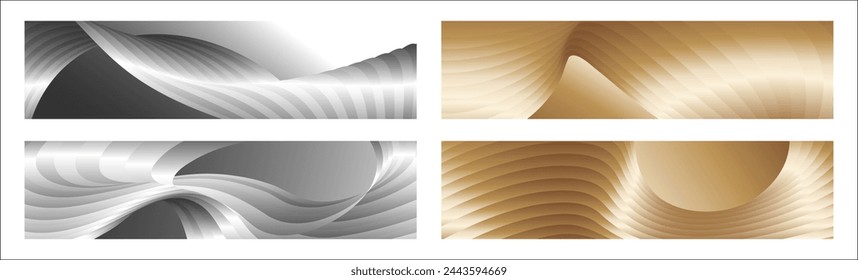 Wavy silver and gold parallel gradient lines, ribbons, silk. Set of 4 backgrounds. Black and white with shades of gray or golden silk. Banner, poster. eps vector